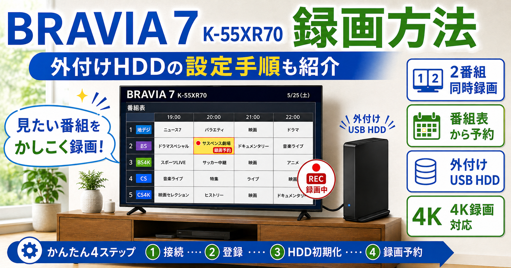 BRAVIA 7 K-55XR70の録画方法を解説!外付けHDDの設定手順も紹介の画像