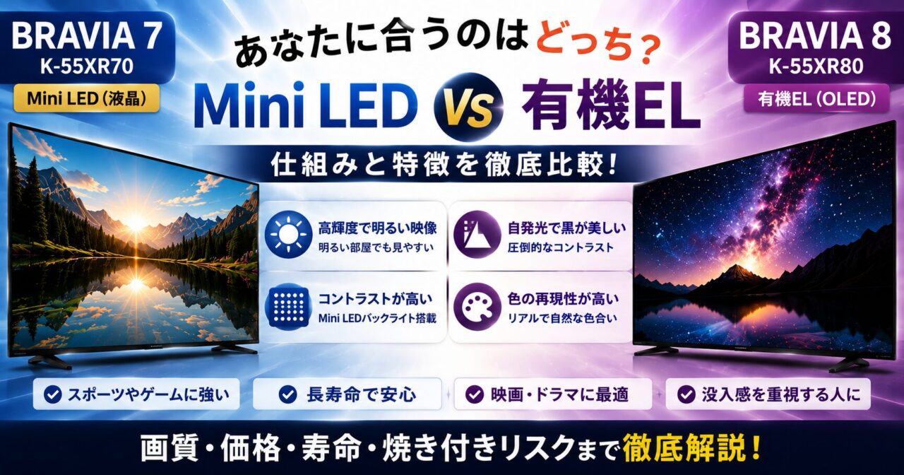 BRAVIA 7 K-55XR70とBRAVIA 8 K-55XR80を比較！Mini LEDと有機ELどっちを選ぶべき？の画像